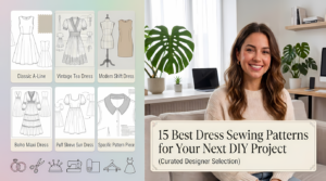 A featured banner showcasing dress sewing patterns for DIY projects. On the right, a smiling young woman sits on a couch in a bright room. On the left, a grid features technical dress sketches including Classic A-Line, Vintage Tea Dress, Modern Shift Dress, Boho Maxi Dress, and Puff Sleeve Sun Dress. An overlay box reads: "15 Best Dress Sewing Patterns for Your Next DIY Project"