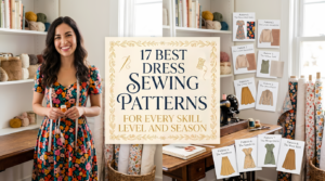 A cozy, sunlit sewing workshop featured image. On the left, a beautiful young woman with wavy brown hair, wearing a colorful floral midi dress and a measuring tape, smiles while holding a spool of thread. To her right, a collection of unique dress sewing pattern cards with distinct illustrations—such as "Floral Midi," "Sundress," and "Maxi Skirt"—are arranged around a vintage sewing machine. In the center-right, a large, ornate parchment-style overlay with elegant gold scrollwork contains the text: '17 BEST DRESS SEWING PATTERNS FOR EVERY SKILL LEVEL AND SEASON'. The background includes fabric rolls and shelves with colored yarn.