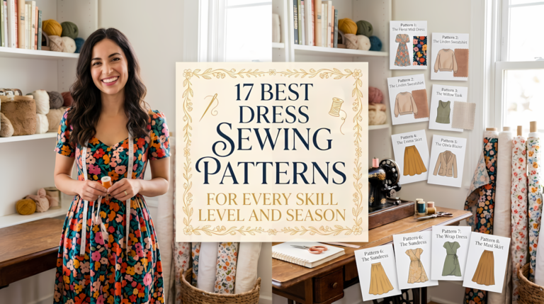 A cozy, sunlit sewing workshop featured image. On the left, a beautiful young woman with wavy brown hair, wearing a colorful floral midi dress and a measuring tape, smiles while holding a spool of thread. To her right, a collection of unique dress sewing pattern cards with distinct illustrations—such as "Floral Midi," "Sundress," and "Maxi Skirt"—are arranged around a vintage sewing machine. In the center-right, a large, ornate parchment-style overlay with elegant gold scrollwork contains the text: '17 BEST DRESS SEWING PATTERNS FOR EVERY SKILL LEVEL AND SEASON'. The background includes fabric rolls and shelves with colored yarn.