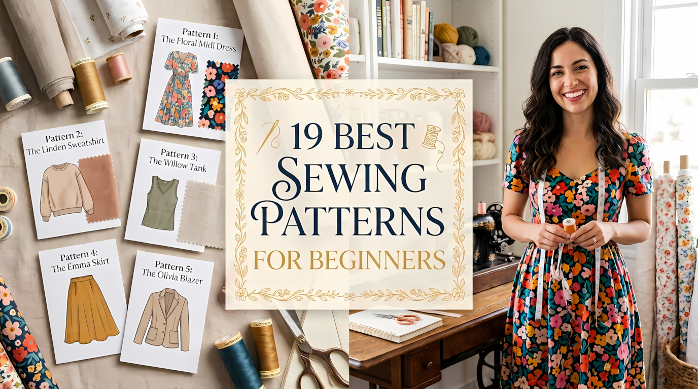 An overview shot of a creative sewing workspace with a smiling woman on the right and pattern inspiration cards and sewing supplies on the left. The woman wears a colorful floral dress with a measuring tape around her neck, standing next to a table with an antique sewing machine, scissors, and a notebook. Pattern cards on the left display illustrations for "The Floral Midi Dress", "The Linden Sweatshirt", "The Willow Tank", "The Emma Skirt", and "The Olivia Blazer" next to rolled fabric. The center contains a text overlay with gold borders reading "19 BEST SEWING PATTERNS FOR BEGINNERS".