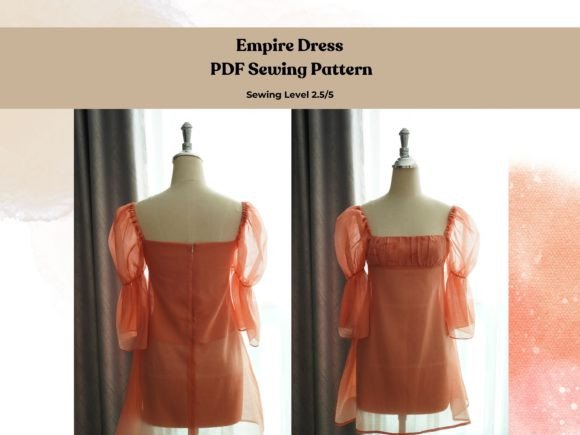 Empire waist dress sewing pattern with high waistline and A-line silhouette