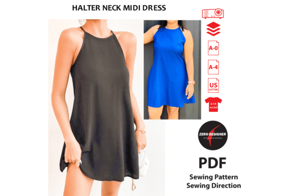 Halter neck midi dress PDF sewing pattern with adjustable strap for summer