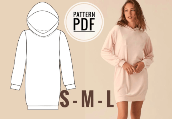 Hoodie dress sewing pattern oversized relaxed fit in sizes XS to XXL