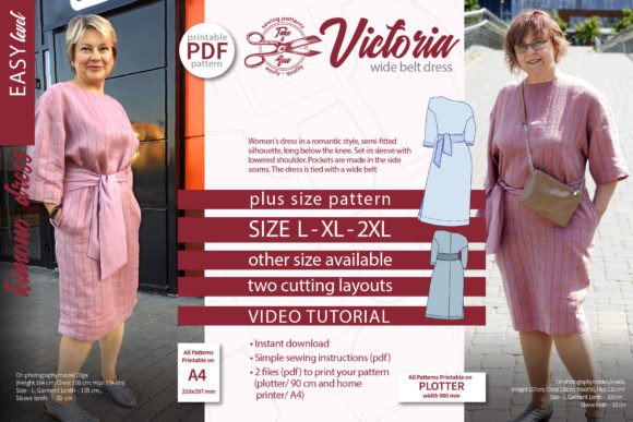 Kimono dress sewing pattern Victoria linen midi with tie belt and side pockets