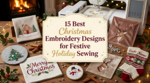 A beautifully arranged flat lay on a wooden table, showcasing several finished Christmas-themed machine and hand embroidery projects, surrounded by festive holiday decorations like holly sprigs, scattered silver beads, cinnamon sticks, and blurred fairy lights and a fireplace in the background. The central element is an elegant, cream-colored overlay panel with a decorative border and gold accents. Centered on this panel, the title text '15 Best Christmas Embroidery Designs for Festive Holiday Sewing' is printed in a mix of classic serif and festive script fonts in burgundy and gold colors. The individual embroidered items include a cozy gingerbread house scene on linen, a stylized Christmas tree on felt, a classic 'Merry Christmas' text with holly, a detailed reindeer profile on velvet, a smiling snowman on an ornament, a pair of knitted stockings with custom names, and other smaller designs. The composition is warm and inviting, full of holiday cheer. A professional embroidery machine is partially visible.