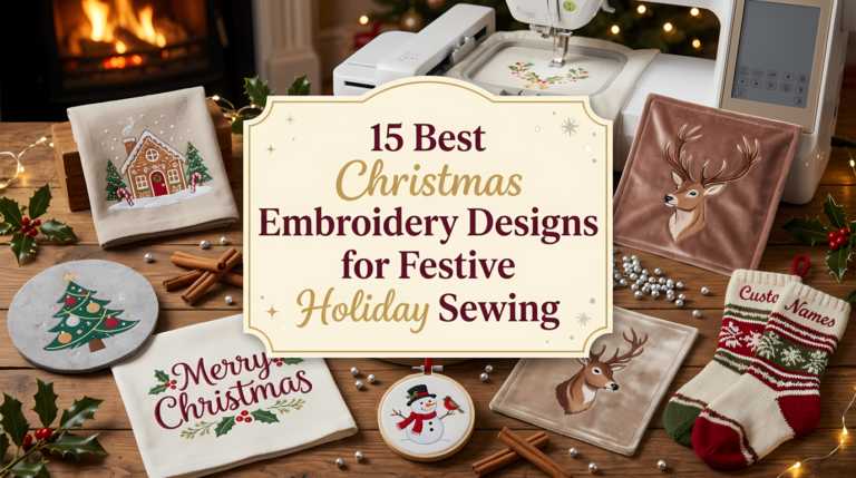 A beautifully arranged flat lay on a wooden table, showcasing several finished Christmas-themed machine and hand embroidery projects, surrounded by festive holiday decorations like holly sprigs, scattered silver beads, cinnamon sticks, and blurred fairy lights and a fireplace in the background. The central element is an elegant, cream-colored overlay panel with a decorative border and gold accents. Centered on this panel, the title text '15 Best Christmas Embroidery Designs for Festive Holiday Sewing' is printed in a mix of classic serif and festive script fonts in burgundy and gold colors. The individual embroidered items include a cozy gingerbread house scene on linen, a stylized Christmas tree on felt, a classic 'Merry Christmas' text with holly, a detailed reindeer profile on velvet, a smiling snowman on an ornament, a pair of knitted stockings with custom names, and other smaller designs. The composition is warm and inviting, full of holiday cheer. A professional embroidery machine is partially visible.
