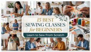 Collage of beginners learning to sew with a central banner reading 15 Best Sewing Classes for Beginners: Learn to Sew From Scratch.