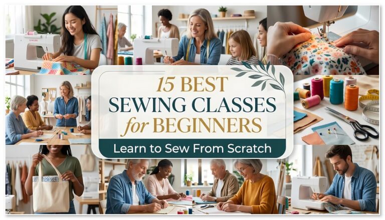 Collage of beginners learning to sew with a central banner reading 15 Best Sewing Classes for Beginners: Learn to Sew From Scratch.