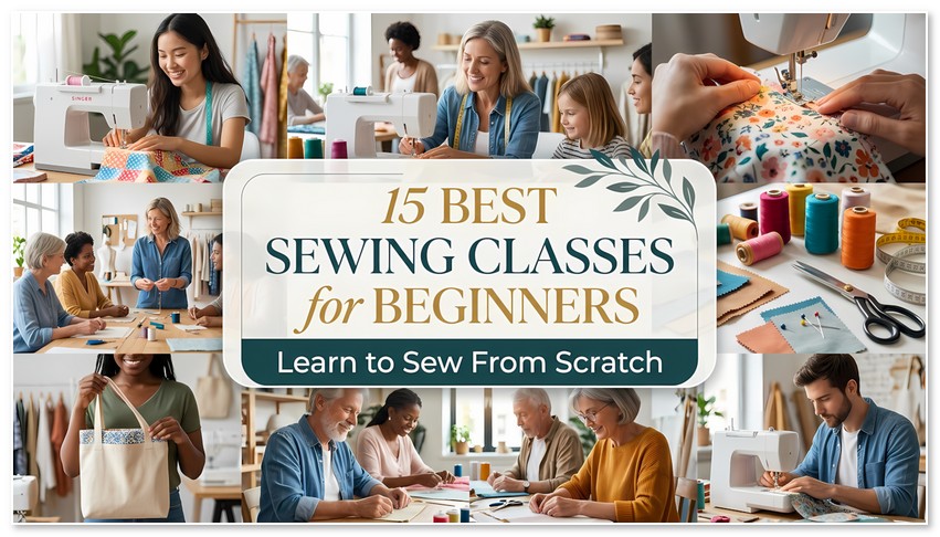 Collage of beginners learning to sew with a central banner reading 15 Best Sewing Classes for Beginners: Learn to Sew From Scratch.