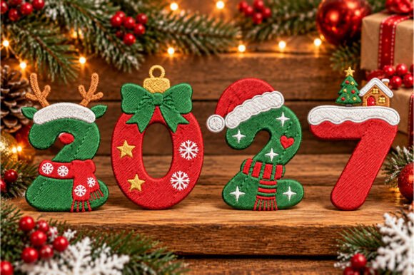 2027 Christmas number embroidery design with Santa hats scarves and snowflakes