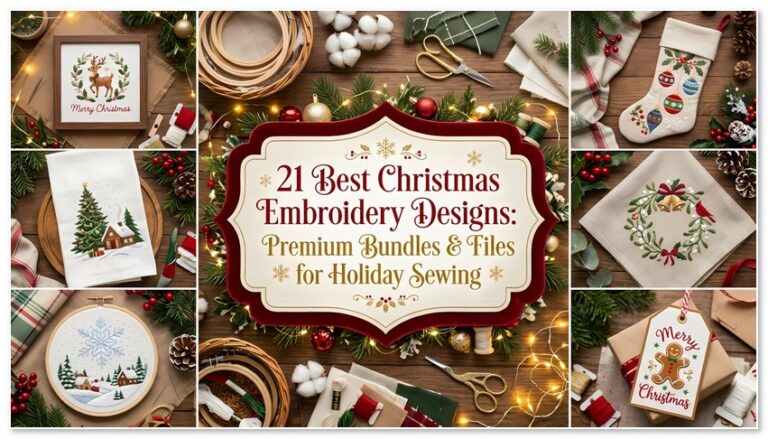 A festive flat-lay collage featuring holiday embroidery projects—including Christmas stockings, winter wreaths, snowflakes, and festive tags—around a central elegant frame with the text "21 Best Christmas Embroidery Designs: Premium Bundles & Files for Holiday Sewing."