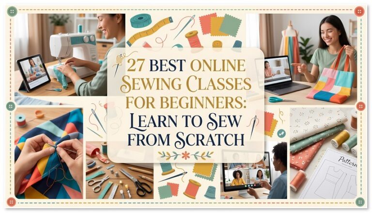 A collaged featured image titled '27 Best Online Sewing Classes for Beginners: Learn to Sew From Scratch' displaying step-by-step video tutorials, sewing machines, pattern drafting, fabrics, and handmade craft projects.