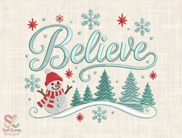 Believe Christmas embroidery design with snowman snowy landscape and script lettering