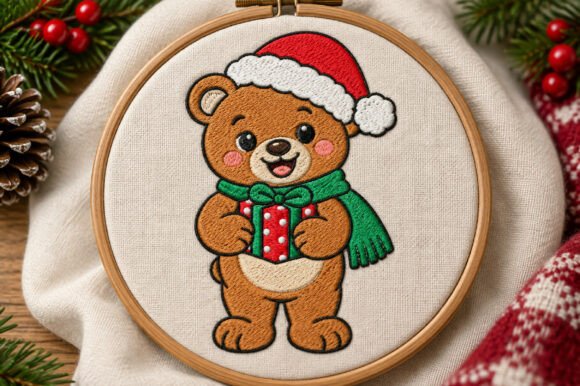 Christmas bear machine embroidery design with Santa hat and gift