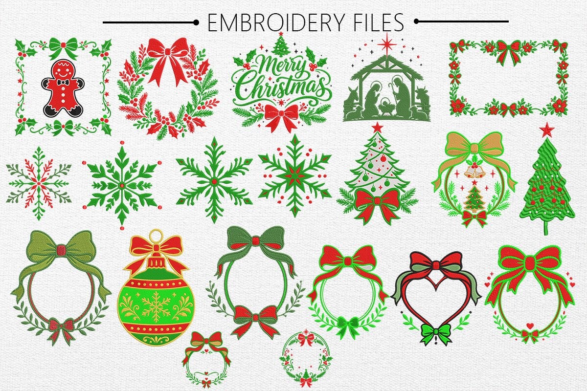 Christmas design bundle with 20 embroidery motifs including ornaments trees and snowflakes