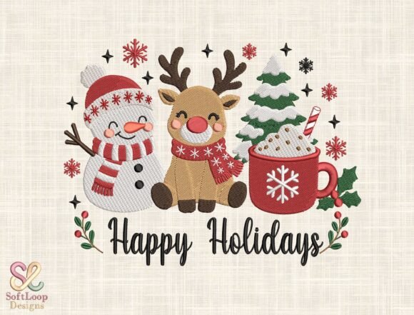 Happy Holidays Christmas embroidery design with snowman reindeer and tree
