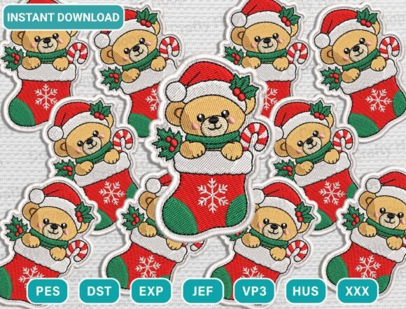 Christmas teddy bear stocking patch embroidery design bundle