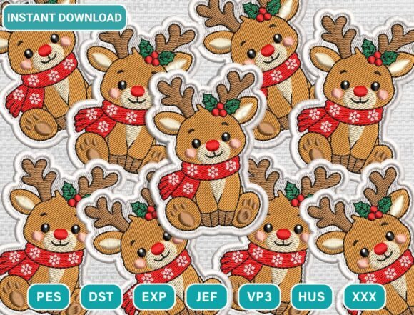Christmas reindeer patch embroidery design bundle with white border