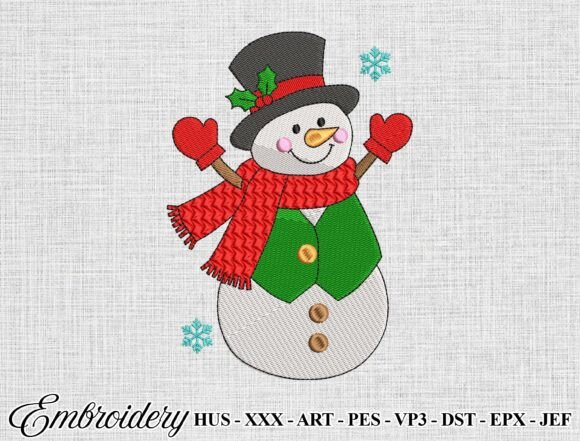 Christmas snowman embroidery design with top hat red scarf and green vest