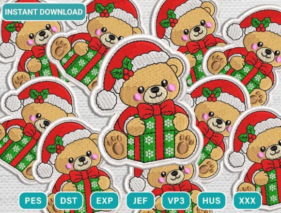Christmas teddy bear patch embroidery design bundle with Santa hats and presents