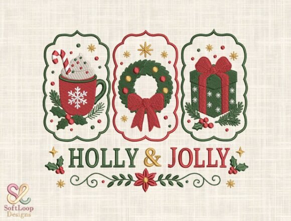 Holly and Jolly Christmas embroidery design with cocoa mug wreath and wrapped gift
