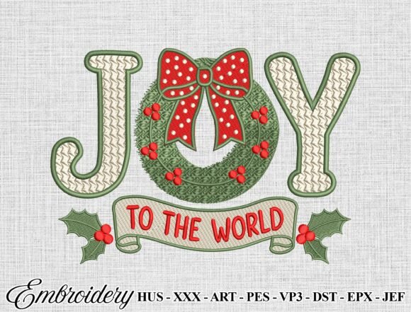 JOY Christmas embroidery design with evergreen wreath and red polka dot bow