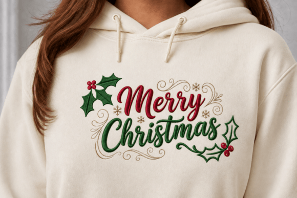 Merry Christmas elegant script embroidery design with holly berries and snowflakes